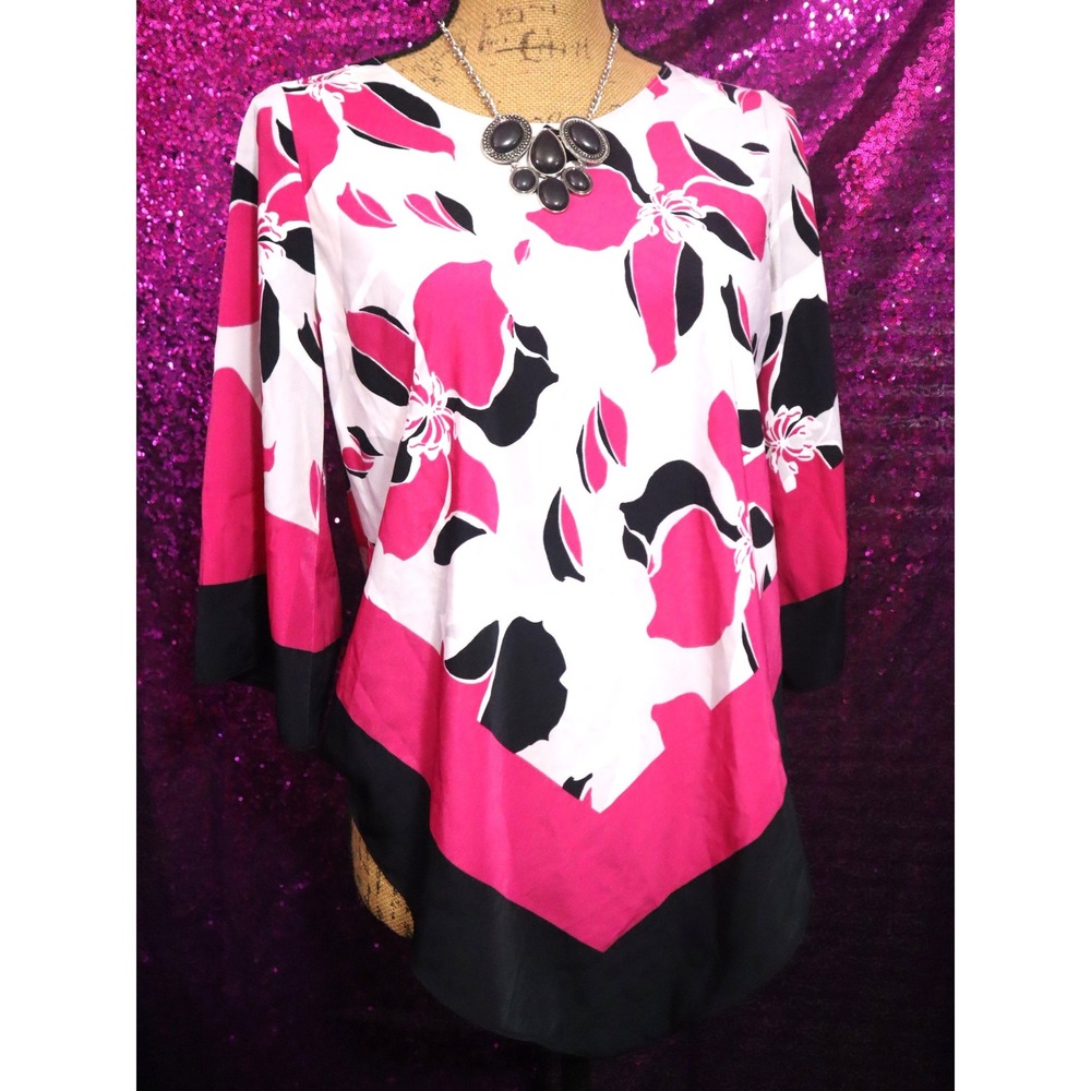 Pink Floral Handkerchief Hem Blouse PS Alfani Womens 3/4 Sleeve Top Travel Beach
